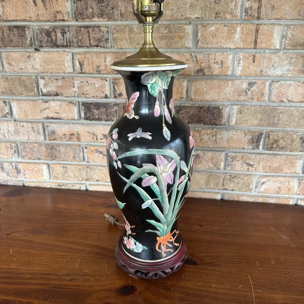 Vintage Famille Noire Style Asian Water Lily Black Floral Porcelain Brass Lamp